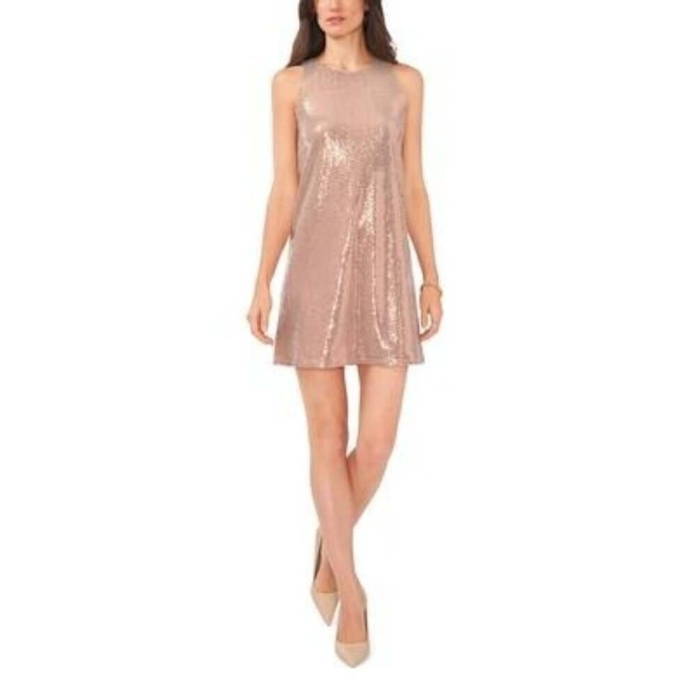 Vince Camuto Sequin Dress Womens M Rose Gold Sleeveless Keyhole Back Above Knee